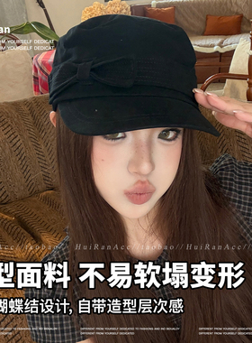 日系复古黑色蝴蝶结平顶马术帽