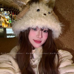 可爱小狗毛绒渔夫帽女2026新款秋冬保暖大头围显脸小加厚护耳帽子