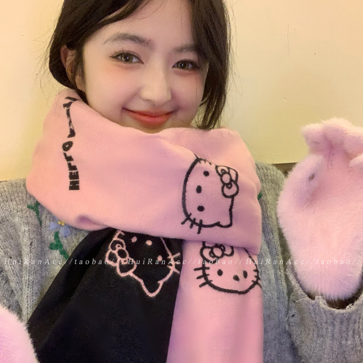 秋冬季甜美kitty猫双面保暖围巾