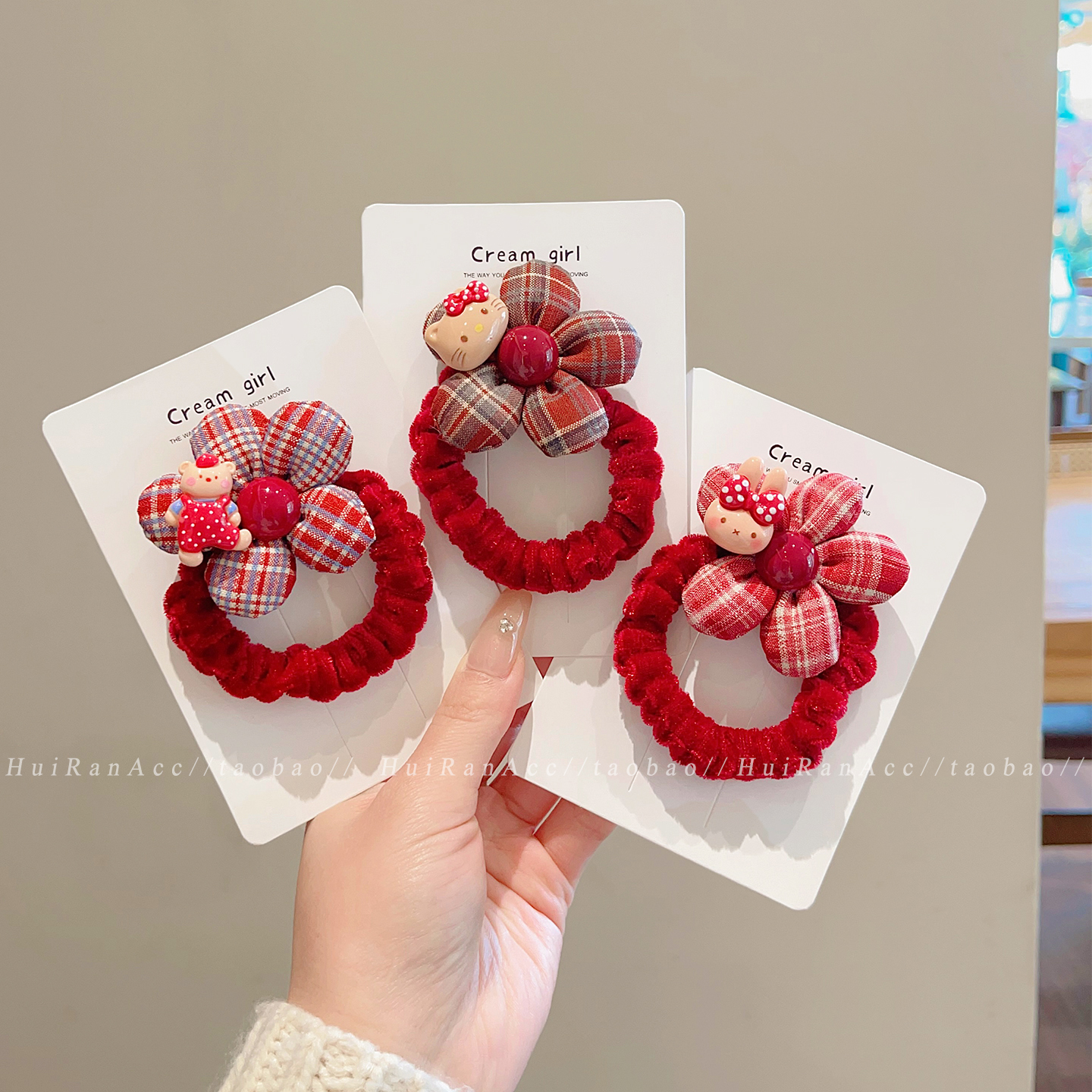 新年头饰红色花朵kt猫发圈女2025新款节日氛围高弹力发绳甜美发饰