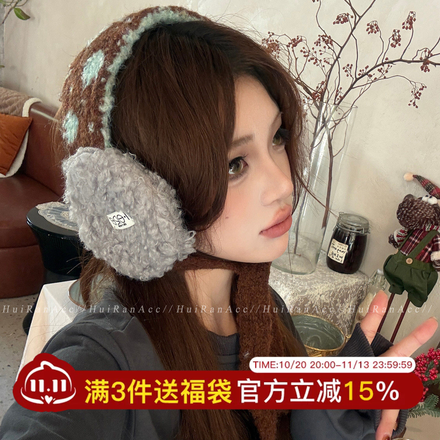 复古时髦毛绒系带耳罩女款秋冬加绒保暖针织护耳包骑行防寒耳捂子
