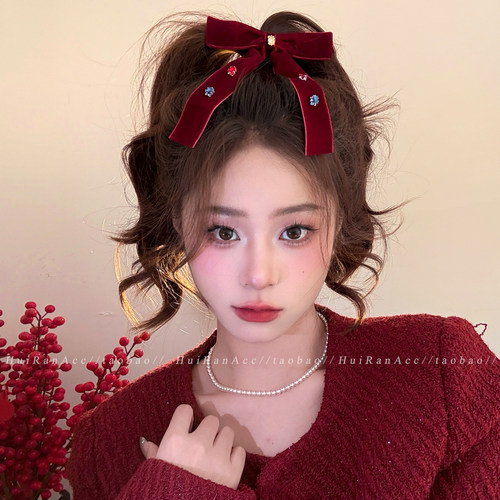 新年彩钻红色丝绒蝴蝶结飘带发夹