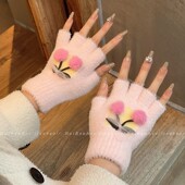 甜美樱桃半指手套女2026新款 秋冬季 保暖毛绒加厚学生防风御寒触屏