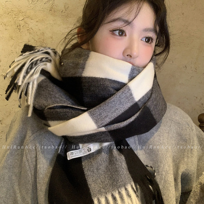 黑白格子流苏针织围巾女2025新款