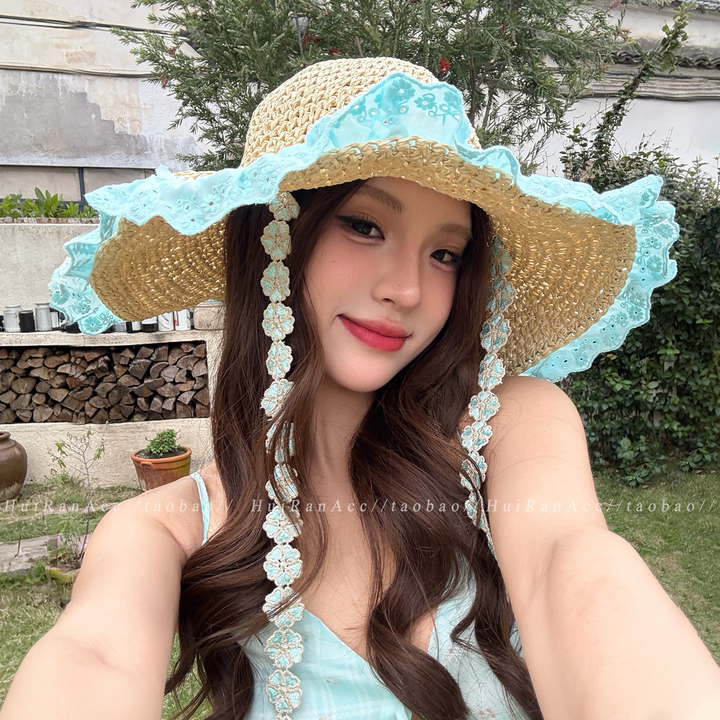 蓝色蕾丝花边编织草帽大帽檐