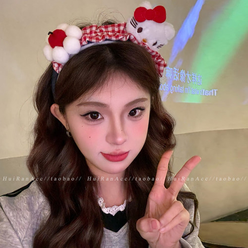 新年喜庆红色可爱kt毛绒格纹发箍