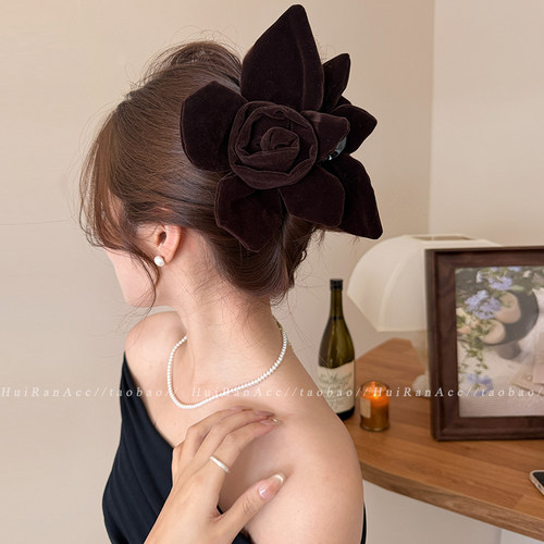 韩系氛围感丝绒花朵大号抓夹女