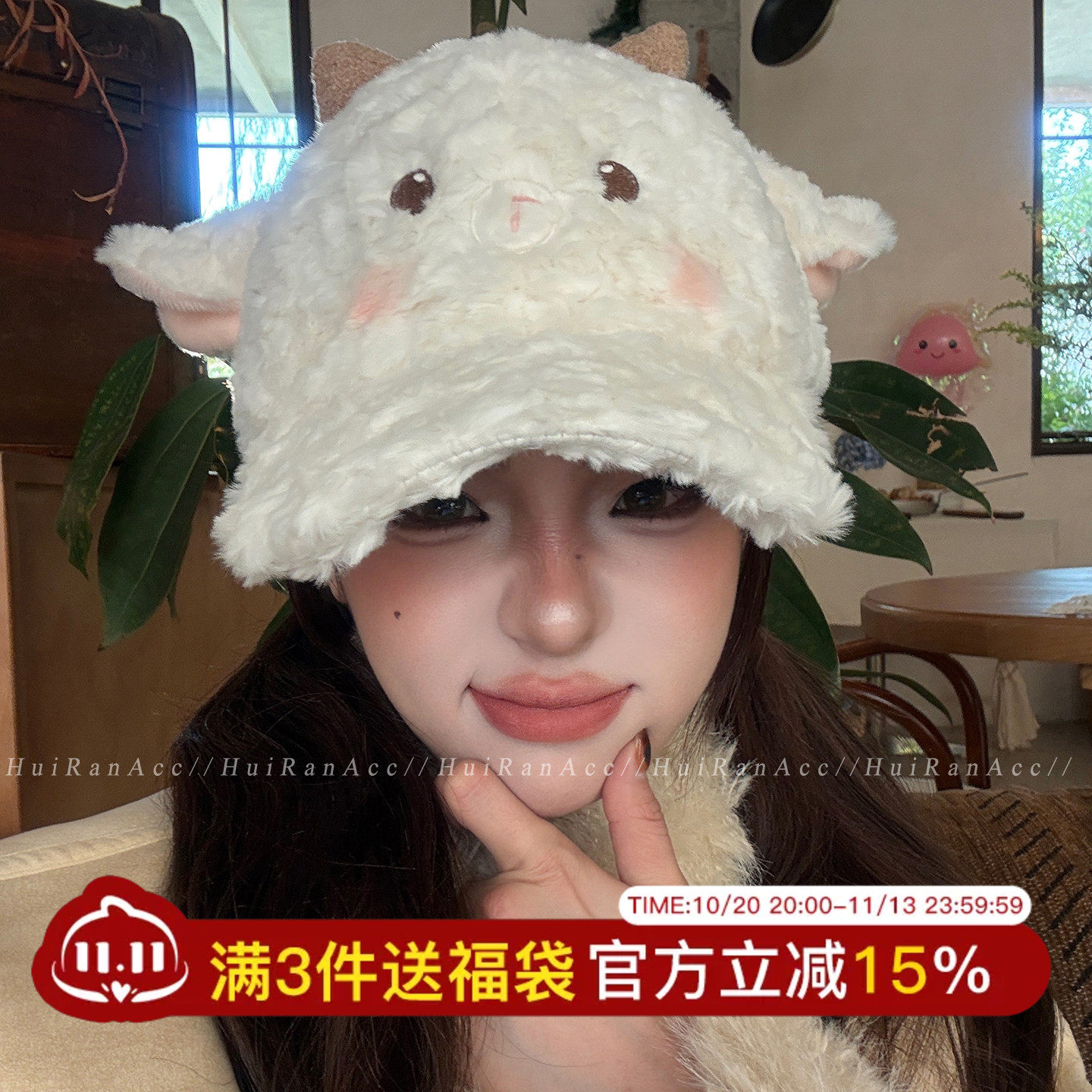 甜美可爱小羊毛绒棒球帽女秋冬季加厚保暖鸭舌帽大头围显脸小帽子
