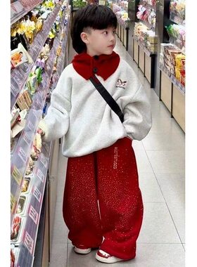 男童加绒裤子2026新款秋冬季高级感重工烫钻弯刀裤男孩冬装阔腿裤