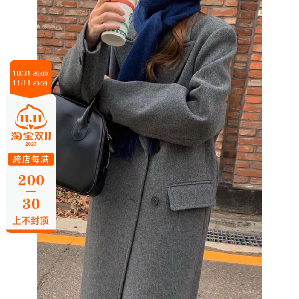 2023秋冬新款韩版高端西装式双面羊绒大衣女高级灰色加厚毛呢外套