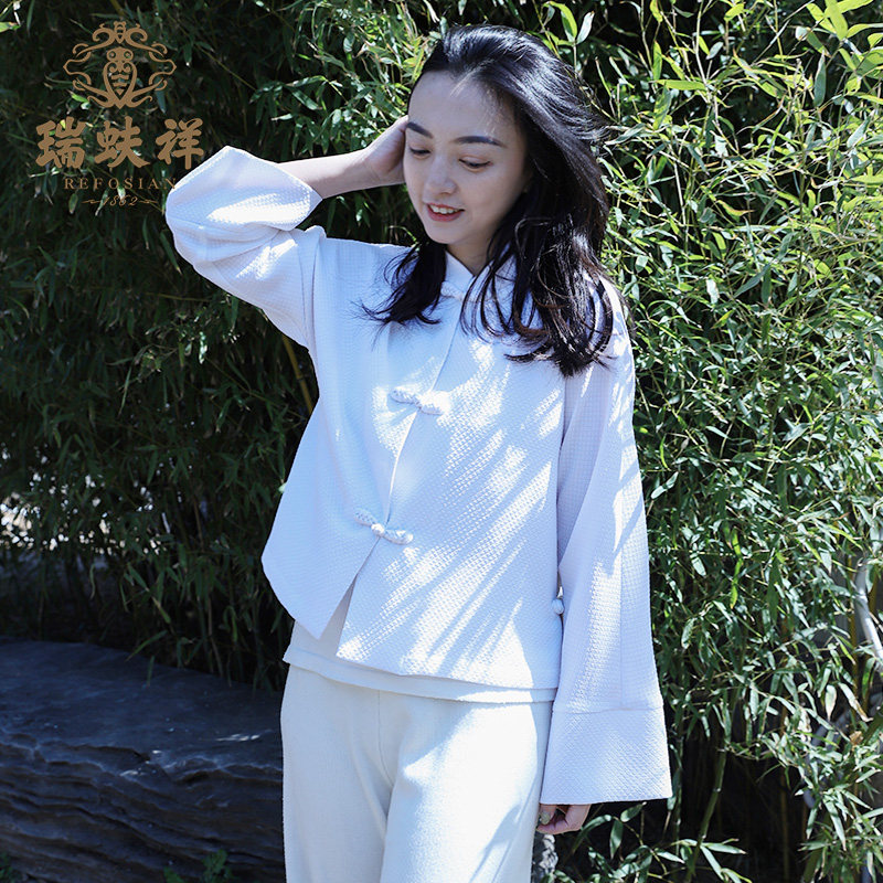 瑞蚨祥女士中国风立领长袖上衣民族风琵琶扣唐装衬衫宽松白色开衫