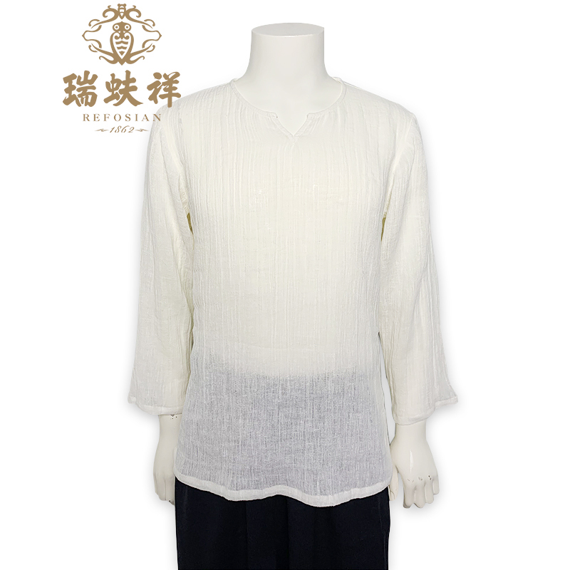 瑞蚨祥男装春秋圆领v口轻薄亚麻套头7分袖复古亚麻打底衫