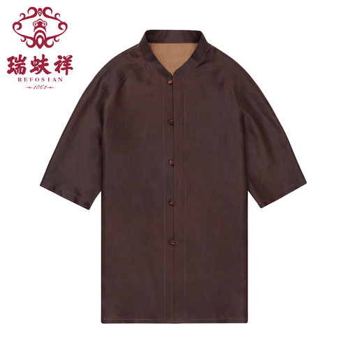 瑞蚨祥立领半袖中式红云纱男士