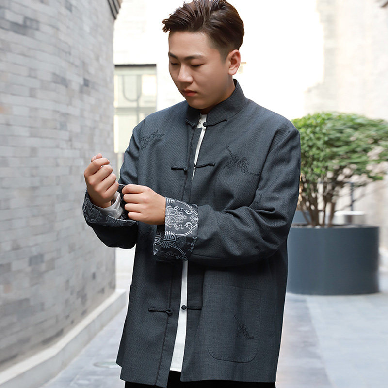 瑞蚨祥男装夹衣外套男春秋中式盘扣外套男长袖刺绣复古立领爸爸装