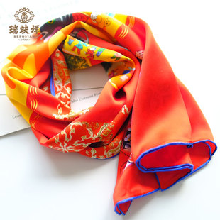 瑞蚨祥真丝围巾桑蚕丝春秋款素皱缎长巾手工卷边围巾福字