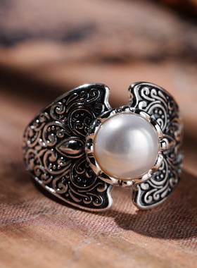 纯银复古风个性珍珠大戒指
