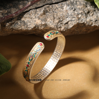 凤尾足银999手工珐琅彩复古民族风古法女款轻奢开口传承手镯子