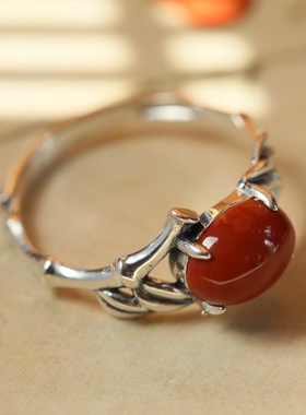 超美的南红女款纯银民族风戒指