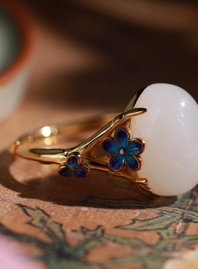 纯银和田玉花朵复古民族风戒指