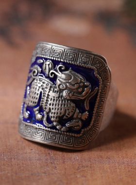 足银999麒麟烧蓝开口戒指