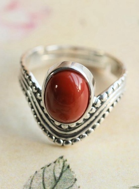 纯银饰品南红玛瑙复古戒指