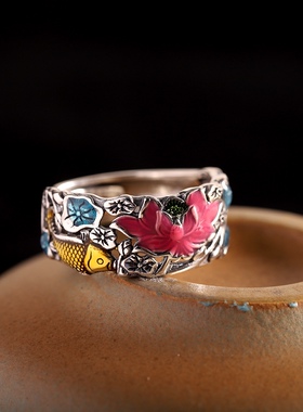 语诺南方南方纯银饰品女款民族风优雅轻奢手工景泰蓝开口戒指