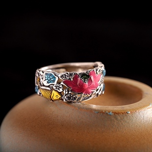 语诺南方南方纯银饰品女款民族风优雅轻奢手工景泰蓝开口戒指