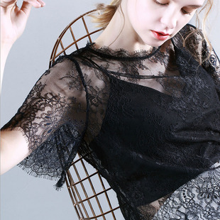 网纱上衣薄纱 内搭纱衣超仙镂空透视半袖 黑色睫毛蕾丝打底衫 女短袖