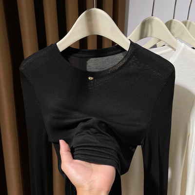 黑色小圆领针织薄款长袖t恤女上衣2025新款高级感软糯内搭打底衫