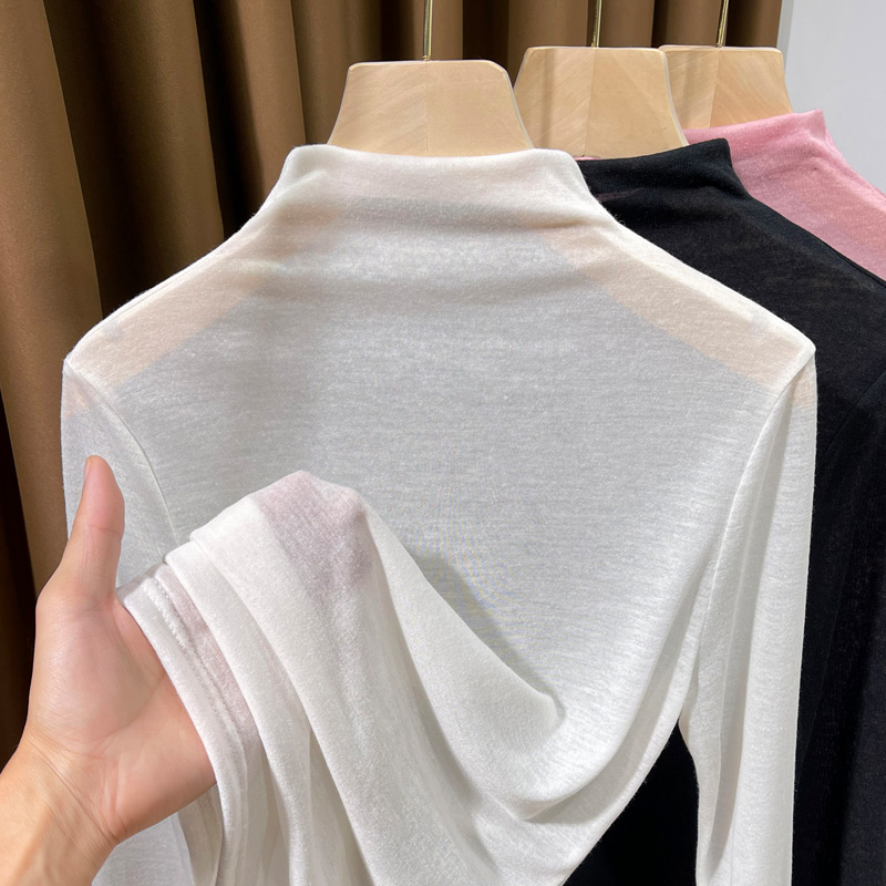 超薄针织衫女上衣半高领天丝打底衫女春秋微透肌底衣内搭洋气小衫