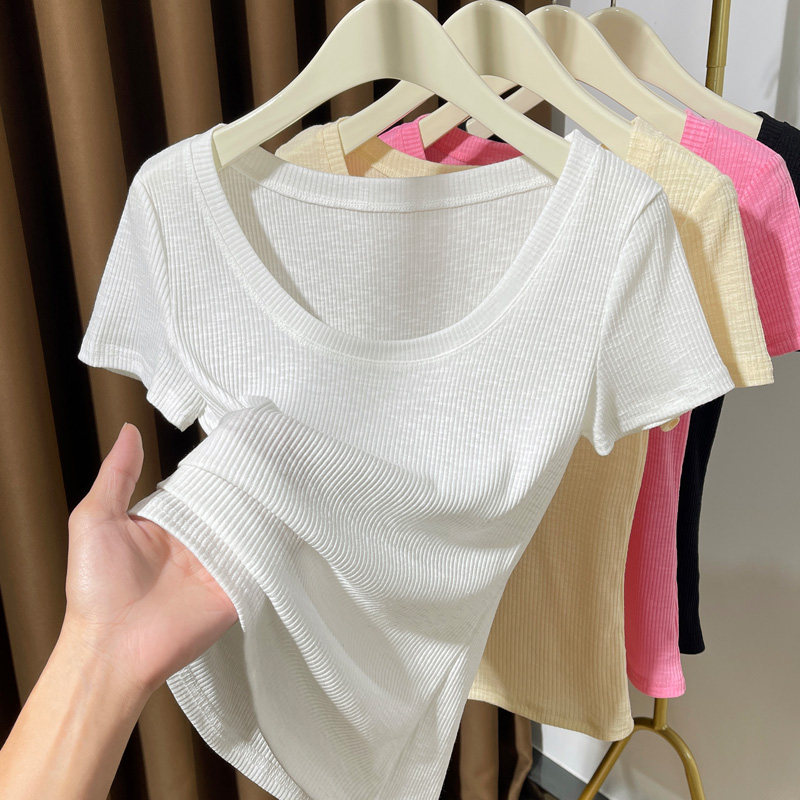 白色大圆领针织t恤女薄款上衣夏季新款软糯条纹低领内搭打底衫女