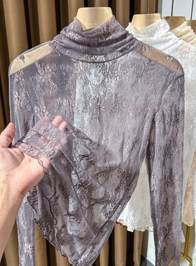 灰色堆堆高领蕾丝打底衫女秋冬内搭叠穿薄款纱衣高级感网纱上衣女