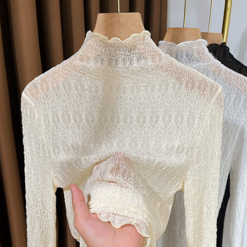 秋冬木耳边蕾丝打底衫女长袖2025新款半高领毛衣内搭薄款镂空纱衣