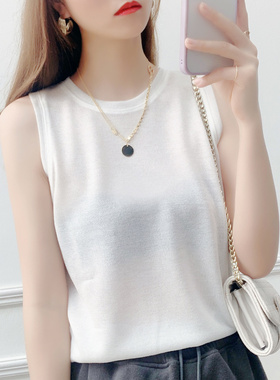 白色无袖冰丝t恤女夏季新款百搭砍袖针织背心薄款宽松内搭打底衫