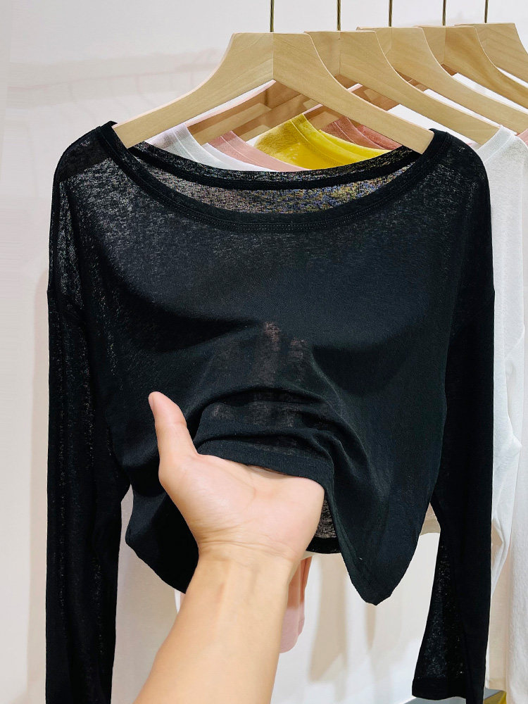 黑色t恤女夏薄款冰丝长袖打底衫外搭短款空调衫宽松防晒罩衫上衣