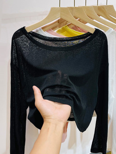 黑色t恤女夏薄款冰丝长袖打底衫外搭短款空调衫宽松防晒罩衫上衣