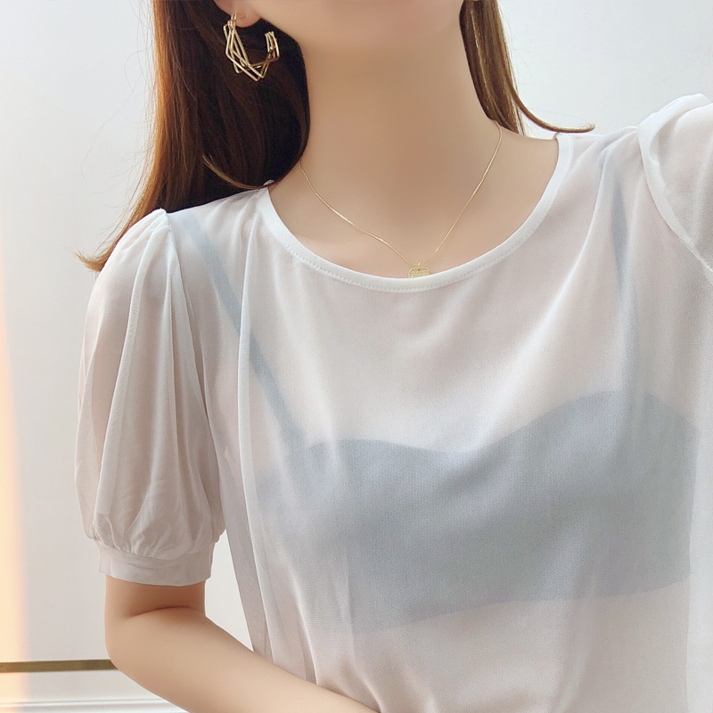 泡泡袖蕾丝上衣女夏季吊带裙内搭打底衫白色网纱罩衫短袖t恤上衣