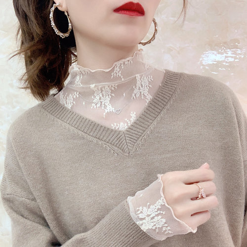 半高领白色蕾丝打底衫秋冬内搭女