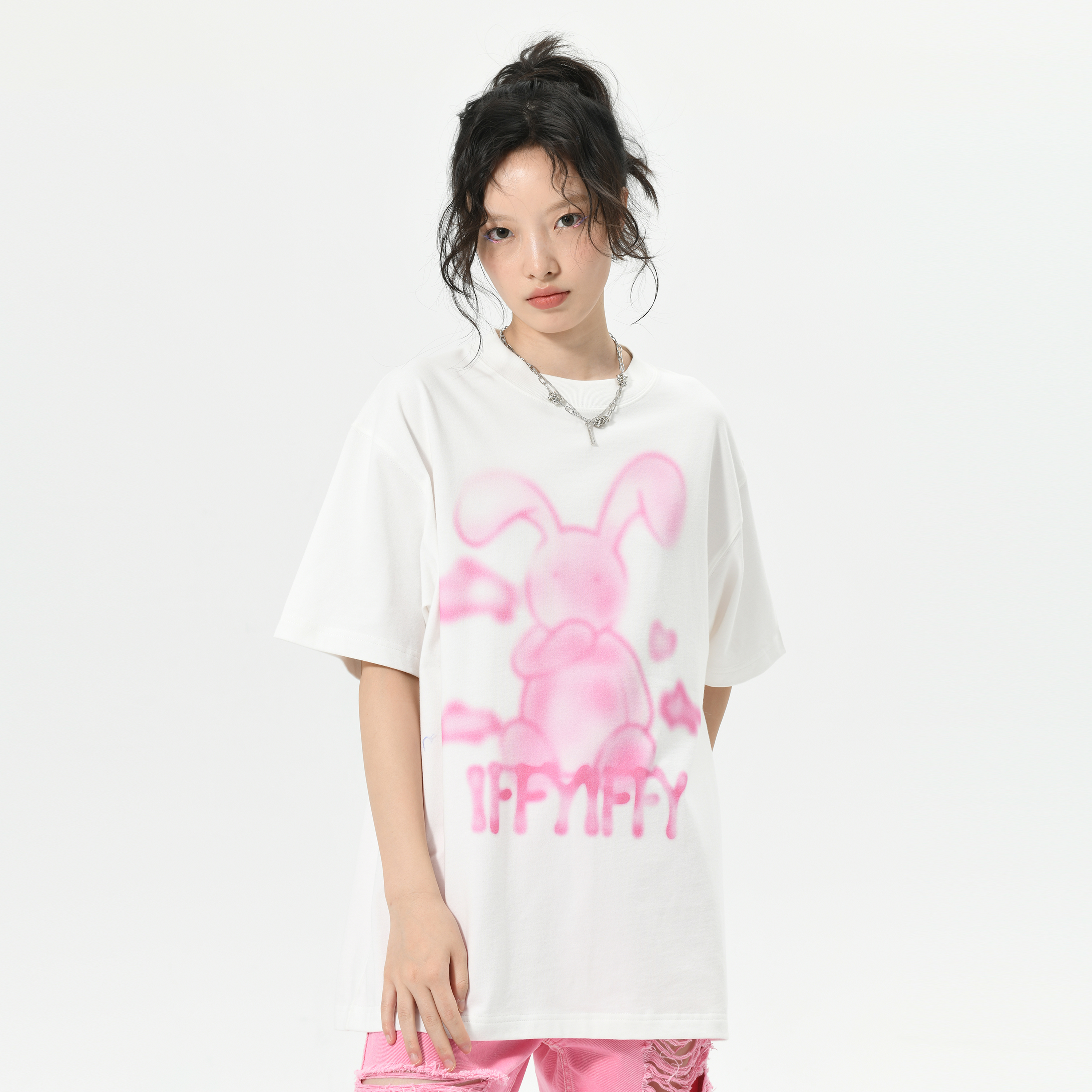 甜酷兔子印花纯棉宽松圆领短袖女