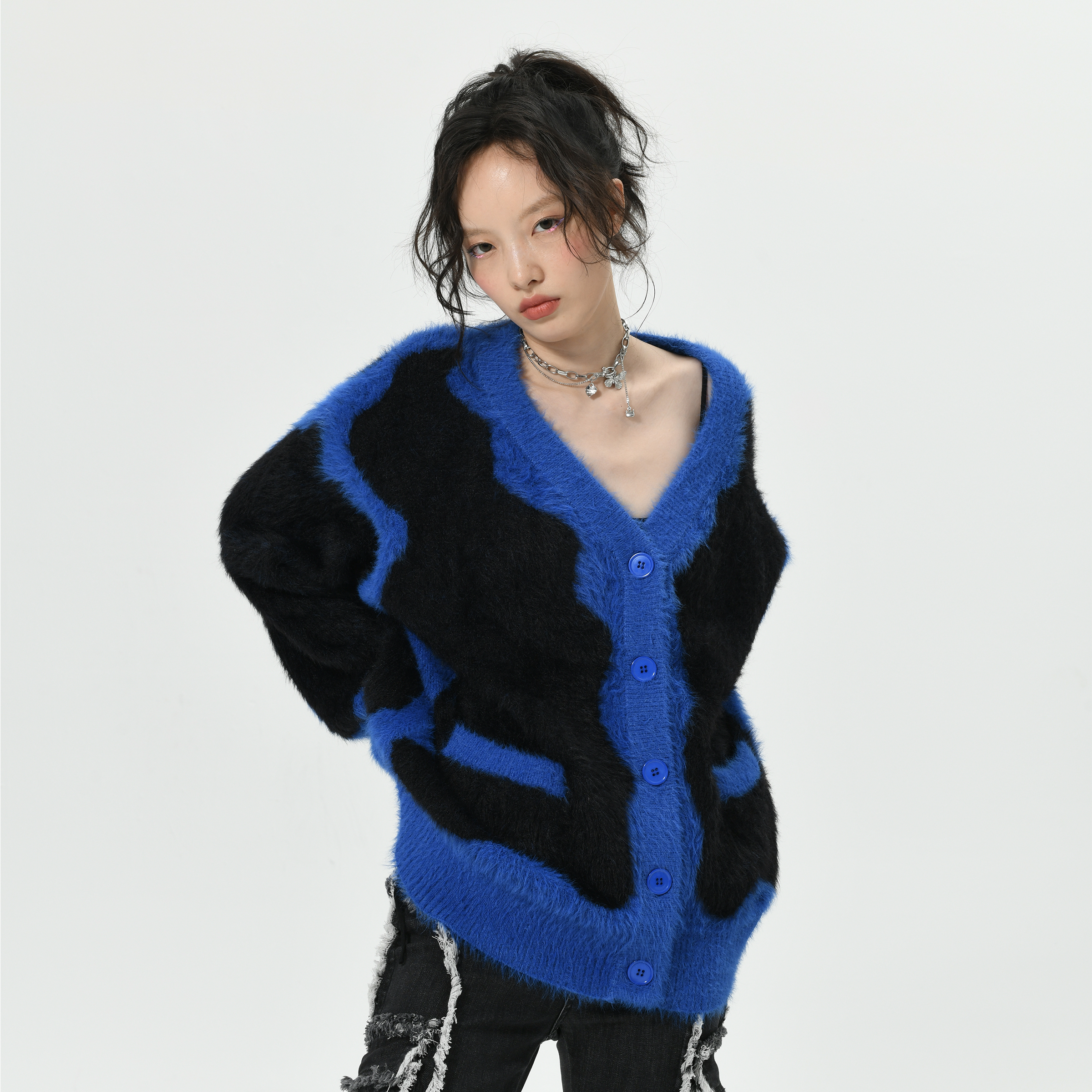 IFFYIFFY仿貂毛保暖廓形开衫毛衣