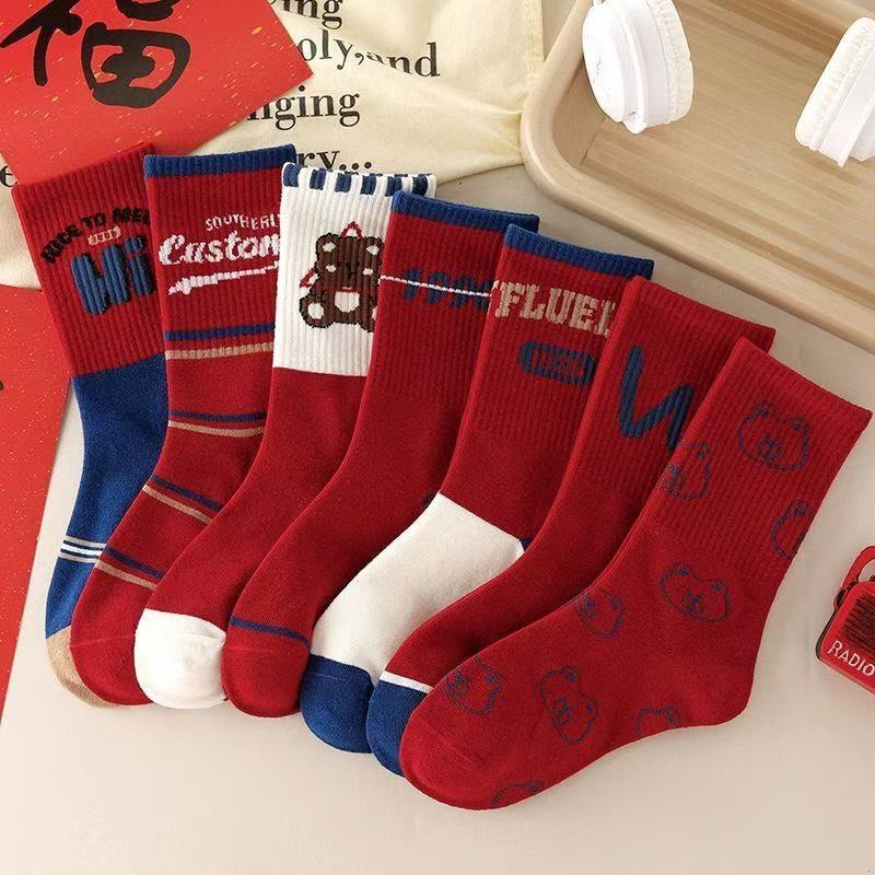 儿童袜子长筒秋冬儿童新年男童棉袜吸汗帅气男孩大童运动中筒袜