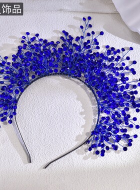怡星 巴洛克皇冠选美头饰新款走秀发饰跨境新娘蓝色水钻发箍A234