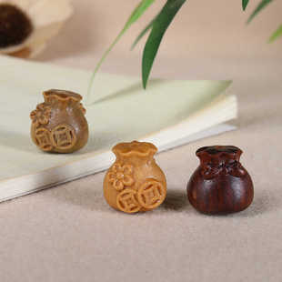 天然绿檀木雕福袋通孔配饰手工diy吊坠钥匙扣挂饰随身文玩小挂件