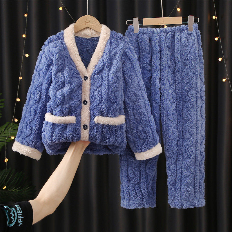 儿童秋冬季法兰绒睡衣男童女童春款加绒加厚宝宝珊瑚绒套装家居服