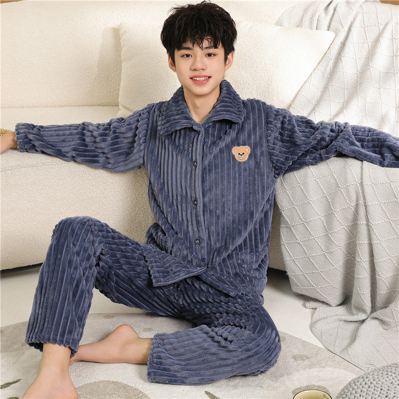 男士睡衣秋冬季珊瑚绒加厚加绒法兰绒青少年男生春款天家居服套装
