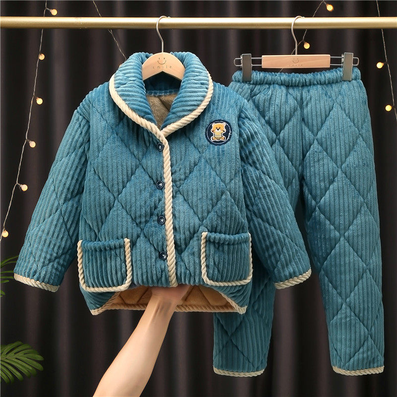 儿童三层夹棉加绒睡衣男童保暖睡衣中大童女孩子水晶绒家居服套装