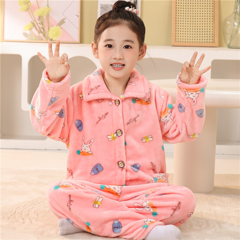 儿童睡衣法兰绒小女孩秋冬季中小童保暖套装珊瑚绒秋款女童家居服