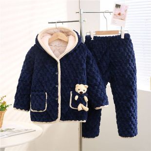 三层加厚夹棉睡衣男款冬天保暖珊瑚绒青少年男生超厚棉袄家居服冬