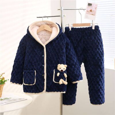 三层加厚夹棉睡衣男款冬天保暖珊瑚绒青少年男生超厚棉袄家居服冬