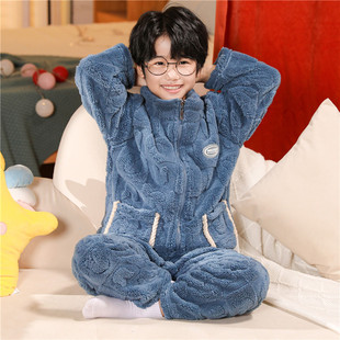新款儿童睡衣法兰绒拉链加厚家居服男童女孩大宝宝珊瑚绒保暖套装